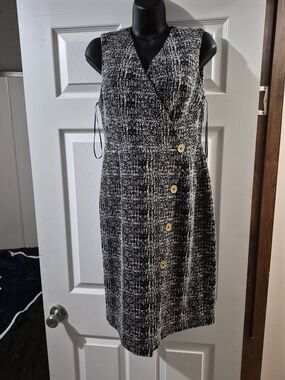 Donna Karan Black and White Tweed Midi Dress with Gold Buttons